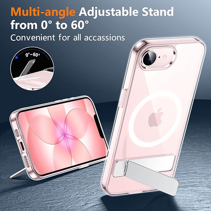 SPIDERCASE Magnetic for iPhone 17e Case for iPhone 16e Case, with [3 Stand Ways] [Military Grade Drop Protection] Invisible Stand Shockproof Slim Case for iPhone 17e/16e 6.1 inch, Clear