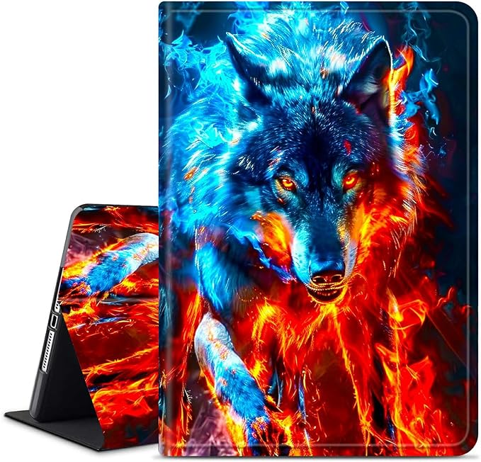 for Amazon Kindle Fire HD 8 (8th/7th/6th Generation, 2018/2017/2016 Release) 8" Tablet Case, Slim Kickstand Stand Leather Smart Cover with Auto Wake/Sleep, Red Blue Flaming Wolf
