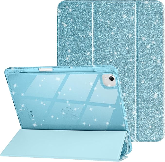 Case for iPad Air 13 Inch (M4/M3/M2, 2026/2025/2024) & iPad Pro 12.9 6/5th Gen (2022/2021), Glittering Sparkly Cover with Shiny Clear Back Shell, Trifold Stand Case with Pencil Holder, Blue