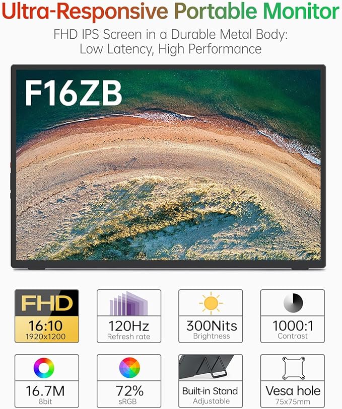 Intehill 16" 120Hz Portable Gaming Monitor, Anti-Glare Portable Monitor with Full-covered Tempered Glass, USB-C HDMI External Display w/Speakers & Stand, Travel Monitor Second Screen for Laptop, F16ZB