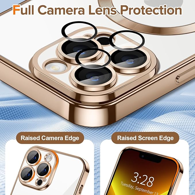 Hython Magnetic Clear for iPhone 13 Pro Case with Camera Lens Protector [Compatible with MagSafe] Luxury Plating Edge Slim Soft TPU Cover Protective Phone Case for iPhone 13 Pro 6.1", Desert Brown