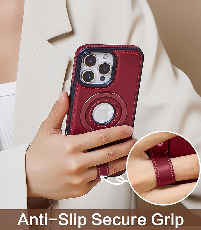 Butaiga for iPhone 15 Pro Max Leather Case with Stand, Anti-Slip Grip Ring, Fits for MagSafe (Burgundy, iPhone 15 Pro Max)