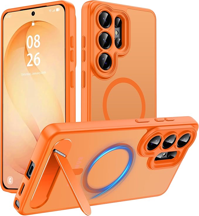 Magnetic for Samsung Galaxy S26 Ultra Case, [Compatible with MagSafe][Full Camera Protection][Built-in Invisible Kickstand] Translucent Matte Phone Case for S26 Ultra 6.9" - Orange