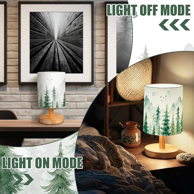VIHOSE Pine Tree Bedside Table Lamp Forest Table Lamp Vintage Nightstand with Linen Fabric Shade Solid Wood Base Decoration for Kids Living Room Bedroom Desk Dorm