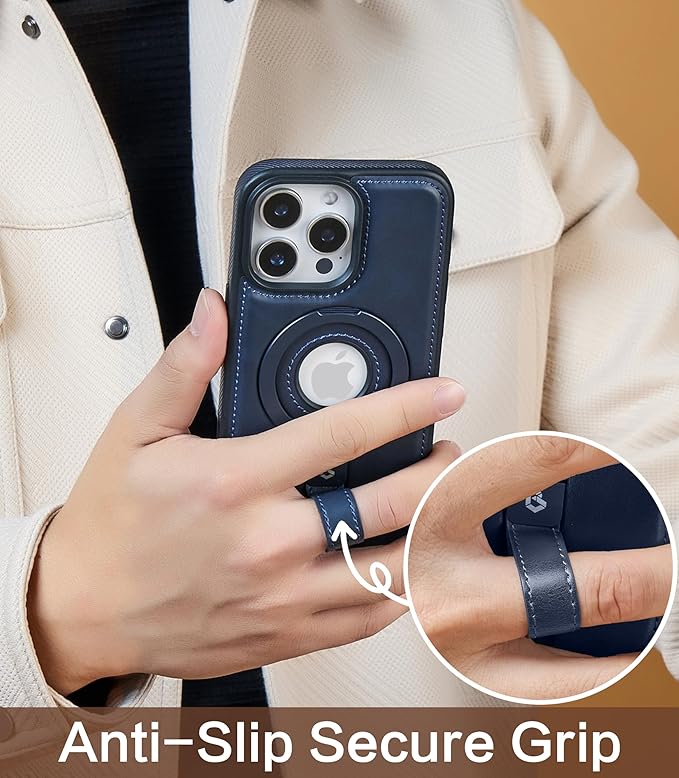 Butaiga for iPhone 16 Pro Leather Case with Stand, Anti-Slip Grip Ring, Fits for MagSafe (Blue, iPhone 16 Pro)