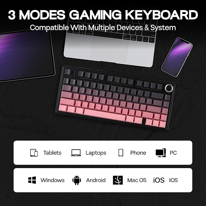 MechLands Aula F75 PRO 75% Wireless Gaming Keyboard, Gasket Mechanical Custom Keyboard with Five-Layer Padding, BT/2.4GHz/USB-C, Hot Swappable, Knob, RGB, Reaper Switches (Black Pink)