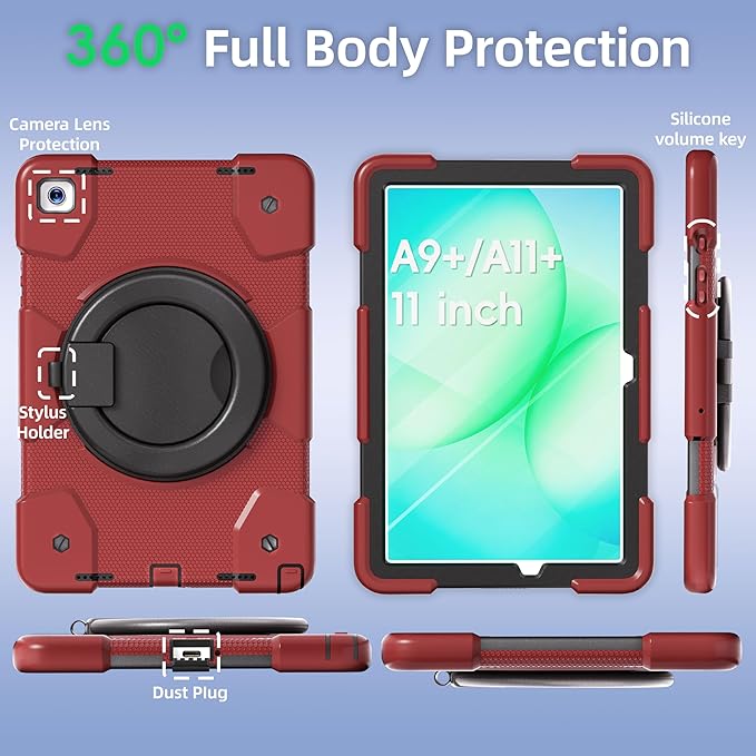 Andnary Case for Samsung Galaxy Tab A9+/A9 Plus Case 11 Inch with Screen Protector/360° Rotating Stand/Pen Holder/Shoulder Strap, Shockproof Cover for Tablet A9+ 5g (Red+Black)