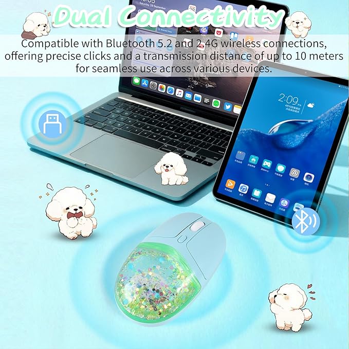 elec Space Wireless Bluetooth Mouse -Cute Clear Aqua Design, Glitter Liquid Sand Water Mouse with Optical Precision, Silent Clicks, LED Breathing Light,Transparent Retro Style for Home Office (Green)