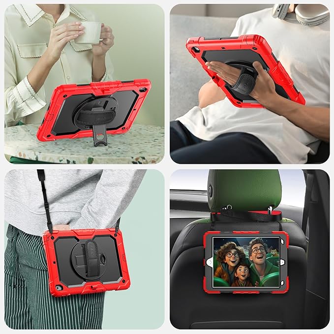 SEYMAC for iPad 9th/8th/7th Generation Case 10.2" 2021-2019, Full-Body Shockproof Heavy Duty Protective Case with Screen Protector, 360° Rotating Stand/Handle/Shoulder Strap for iPad 10.2 Inch, Red