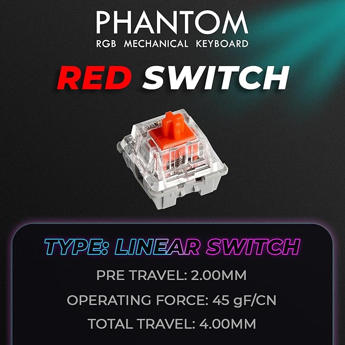TECWARE Phantom+ 87 Mechanical Gaming Keyboard | RGB LED Backlit | Hot Swappable Wraith Red Switches | 87 Key TKL Layout | Thocky Sound Profile | Detachable USB-C Wired | Black