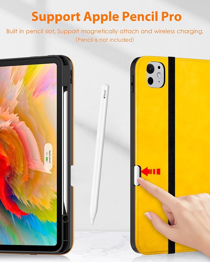 DTTO for iPad Pro 13 inch Case (M5/M4) 2025/2024, Premium Leather Business Folio Stand Cover with Pencil Holder - Auto Wake/Sleep & Multiple Viewing Angles, Built in Hand Strap & Pocket, Yellow
