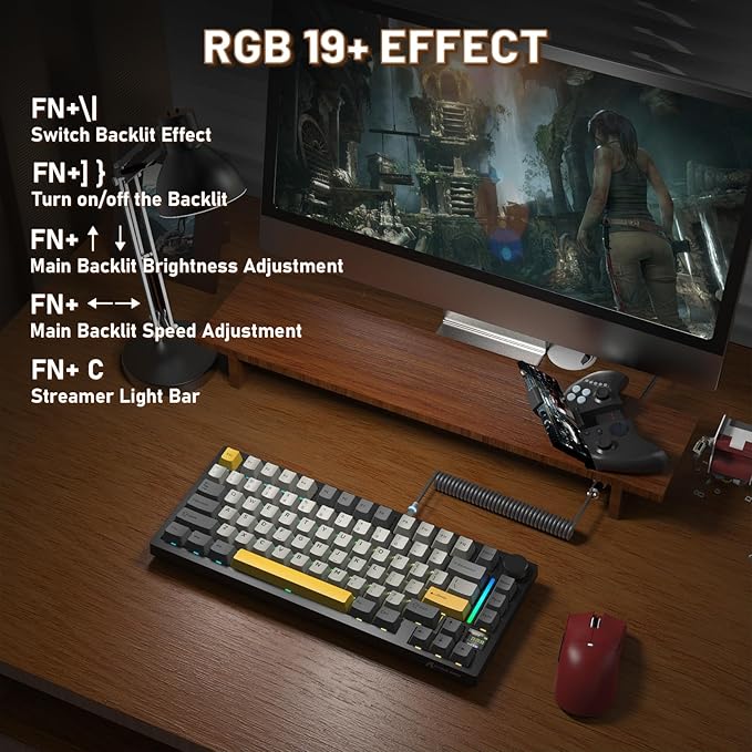 A.JAZZ Attack Shark X820Ultra 75% Wireless Mechanical Gaming Keyboard and Coiled Cable Hot Swappable 2.4GHz/Bluetooth/Wired Keyboard with Screen & Knob RGB Backlit Gasket Mount Gift Switch-Starblack