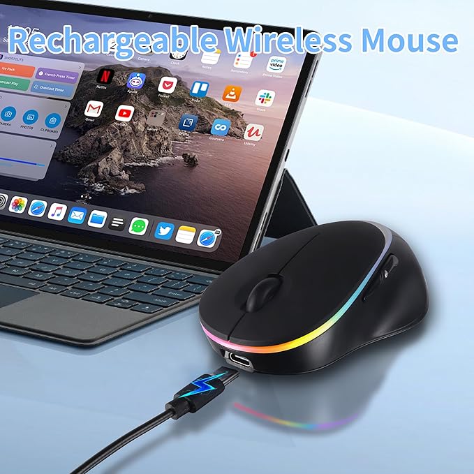Ergonomic Wireless Bluetooth Mouse Vertical Rechargeable Silent Portable Ergo Mice with RGB Light & 2.4G USB Receiver,Dual Mode,for PC/Laptop/Computer/Desktop/Tablet/MacBook,Office Work Gift-Black
