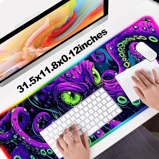 RGB Octopus Monster Gaming Desk Mat, Computer Keyboard Large Extended Cool Neon Animal LED Mouse Pad for Office and Home, 31.5×11.8 Inches, XL
