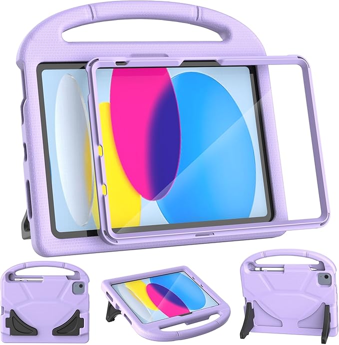 Kids Case for iPad A16 11th Gen 11-Inch 2025 & iPad 10th Generation (10.9" 2022), Durable Shockproof Fully-Body Cover with Screen Protector/Pencil Holder/Stand/Handle for Kids, Light Purple