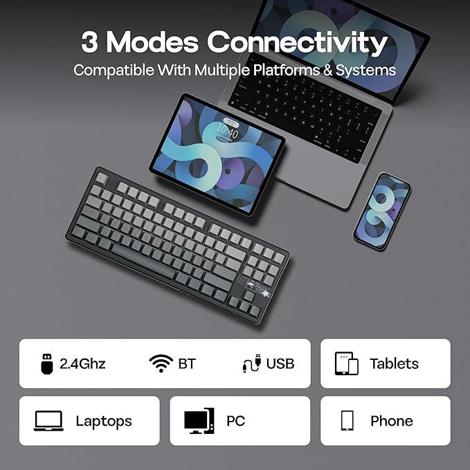 MechLands Aula F87 PRO V2 Wireless Gaming Keyboard with 10000mAh Battery, 8K Polling, SOCD/MT/TGL, BT/2.4GHz/Wired, Hot Swap TKL Mechanical Keyboard with Creamy Gasket, RGB Backlit (Black Gradient)