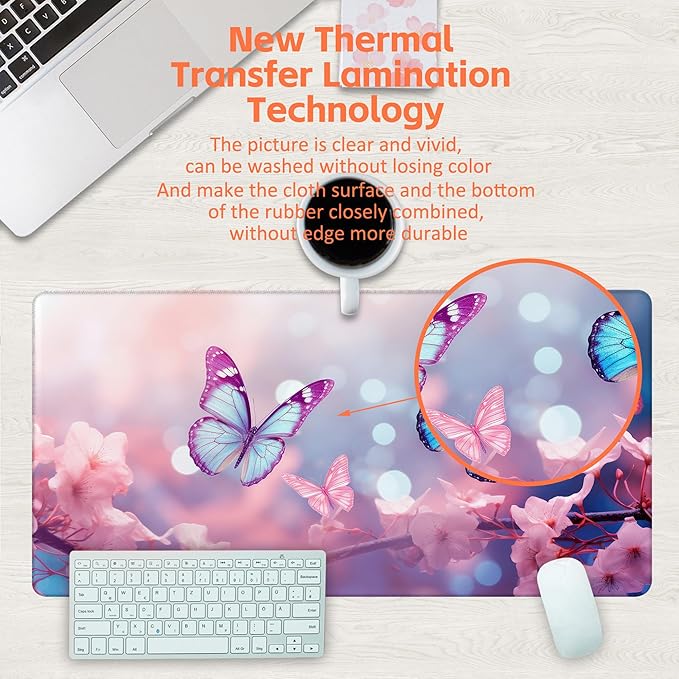 Desk Pad,Flying Blue Butterfly Desk Mat,Pink Cherry Blossom Branches Large Gaming Mouse Pad for Desk,31.5"x15.7" Extended Big Computer Keyboard Mouse Pad with Non-Slip Base and Stitched Edge