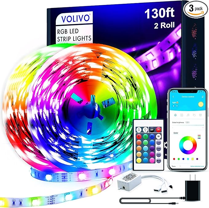 VOLIVO 130ft Led Strip Lights for Bedroom, Color Changing Led Light Strips Kit with Bluetooth App Control and IR Remote, RGB Music Sync Lighting for Room, Home Decor