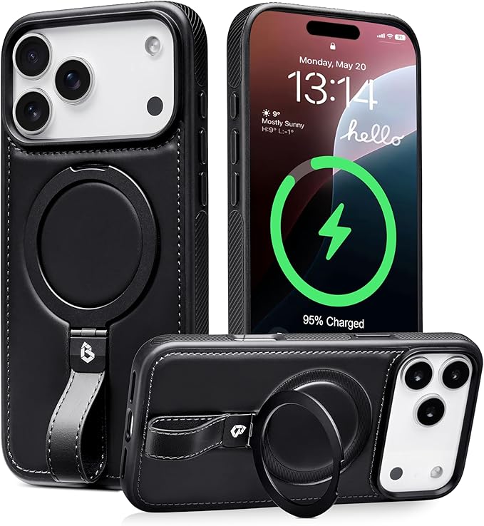 Butaiga for iPhone 17 Pro Max Leather Case with Stand, Anti-Slip Grip Ring, Fits for MagSafe (Black, iPhone 17 Pro Max)