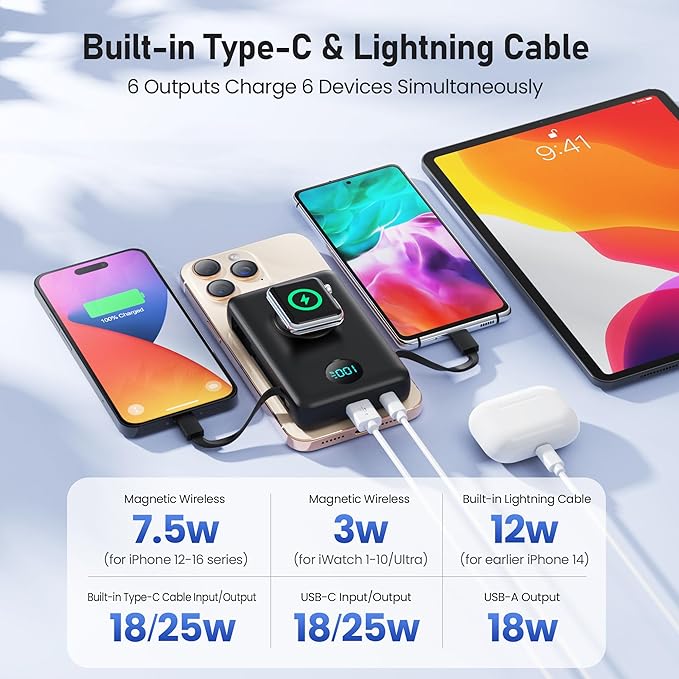Magnetic Portable Charger for MagSafe with Built-in Cable, iWatch Charger,10800mAh Wireless Power Bank Travel Essentials,25W PD Fast Charging Battery Pack for iPhone 17/16/15/14/13 Series,Apple Watch