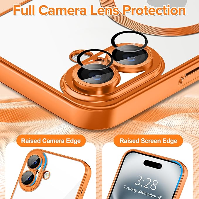 Hython Magnetic Clear for iPhone 16 Case with Camera Lens Protector [Compatible with MagSafe] Luxury Plating Edge Slim Soft TPU Cover Protective Phone Case for iPhone 16 6.1", Matte Orange