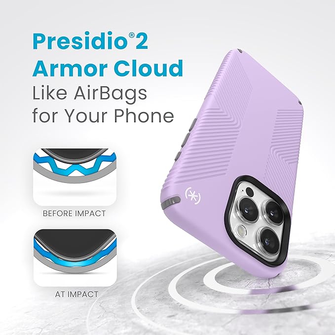 Speck iPhone 15 Pro Max Case - Built for MagSafe, Drop Protection Grip - Scratch Resistant, Soft Touch, 6.7 Inch Phone Case - Presidio2 Grip Spring Purple/Cloudy Grey/White