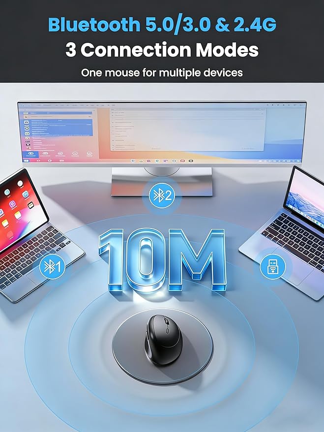 Ergonomic Mouse, Bluetooth Wireless Vertical Mouse, Rechargeable Battery, Quiet Clicks, DPI Adjustable, BT5.0/3.0 & 2.4G Connect, Easy to use, Wide Compatibility (Black)