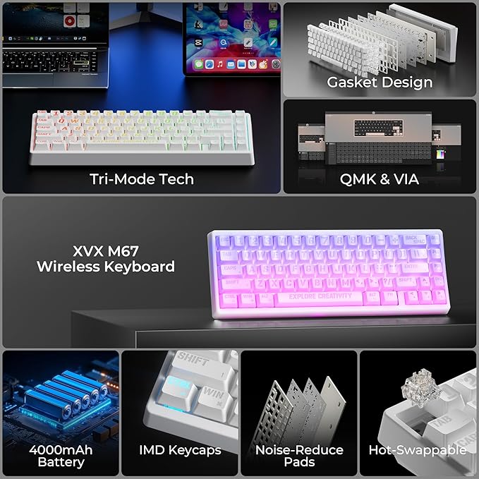 HITIME XVX M67 Wireless 60% Percent Keyboard, QMK/VIA Topographic Gaming Keyboard, Tri-Mode Thocky Creamy Mechanical Key Board, Hot Swappable Gasket Mount RGB IMD Tech for Win/Mac, Miami Theme, White