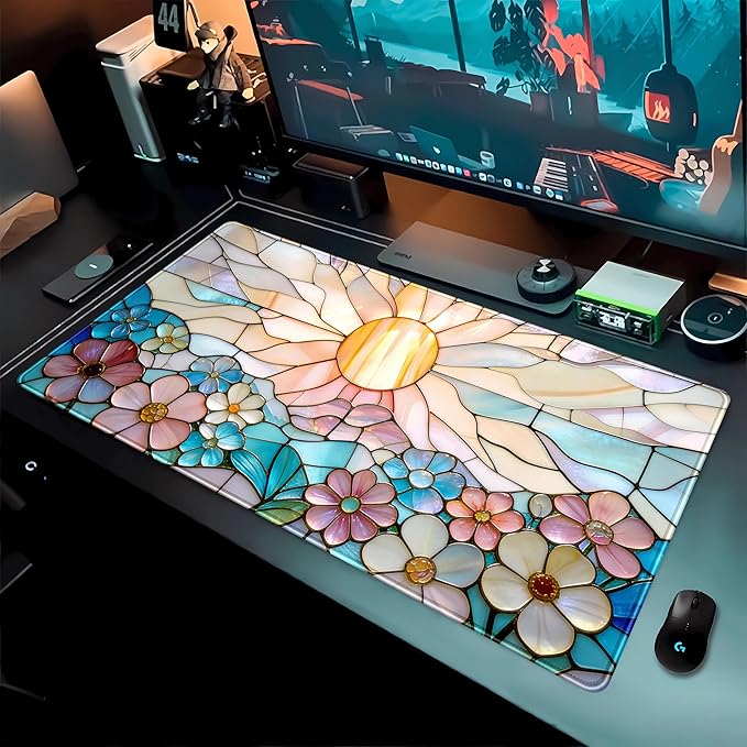 Stained Glass Desk Mat Large Mouse Pad Extended Desk Pad, Gaming Computer Mouse Mat XXL, Big Desktop Keyboard Mat, Full Desk Laptop Pad for Home Office Work, Desk Decor Aesthetic 31.5×15.7 Inch