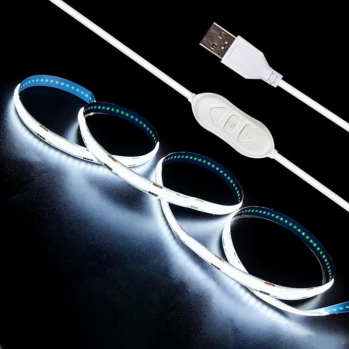 5V USB LED Strip Lights 3.28FT, 3Key COB LED Light Strip White, Short LED Strip Light, Flexible Bright for Under Cabinet, Kitchen, TV Backlight, Shelves, Displays and TV Lights