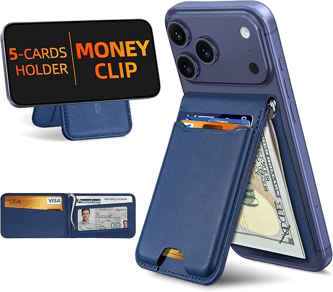 ExtreLife For Magsafe Wallet with Money Clip, Strongest Magnetic Wallet for iPhone 17/16/15/14/13/12 Series, Adjustable Stand, ID Window, 5 Card Holder, RFID Blocking, Not for 13/12 Mini, Navy Blue