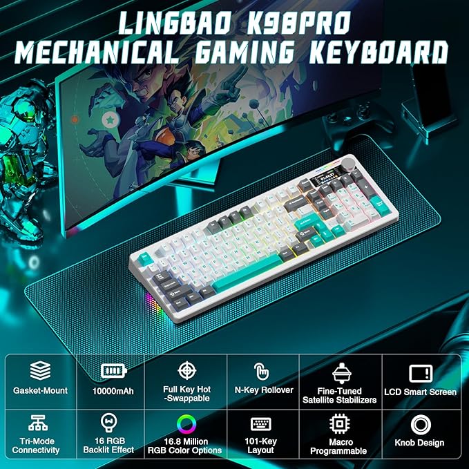 LINGBAO K98 PRO 96% Mechanical Keyboard Wireless, with Screen & Knob, Creamy Gaming Keyboard, Tri-Mode BT5.0/2.4GHz/USB-C, Gasket Mount Hot-Swappable Linear Switches RGB Backlit Gamer Keyboards for PC