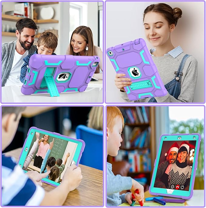 CCMAO Compatible with iPad 6th Generation Cases, iPad 5th Generation Case, iPad 9.7 Case, iPad Air 2 Case, Hybrid Shockproof Rugged Drop Protection Case with Kickstand, Purple+Green