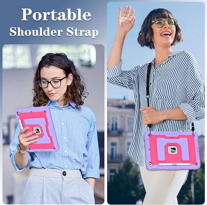 Kids Friendly Case for Apple iPad 10.2" 9th 8th 7th Generation 2021/2020/2019 Case with Pencil Holder & Shoulder Strap, Military Grade Shockproof Kickstand Hard Shell Protective Cover,Rose+Purple