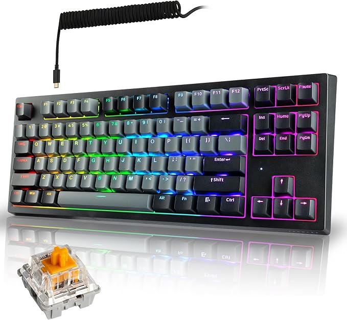 TECWARE Phantom+ Elite 87 Key RGB Mechanical Gaming Keyboard | 3 Mode Wireless Bluetooth 5.0 2.4GHz & USB C Wired | Hot Swappable 5 Pin | Double Shot PBT Keycaps | Wraith Orange Switch - Black