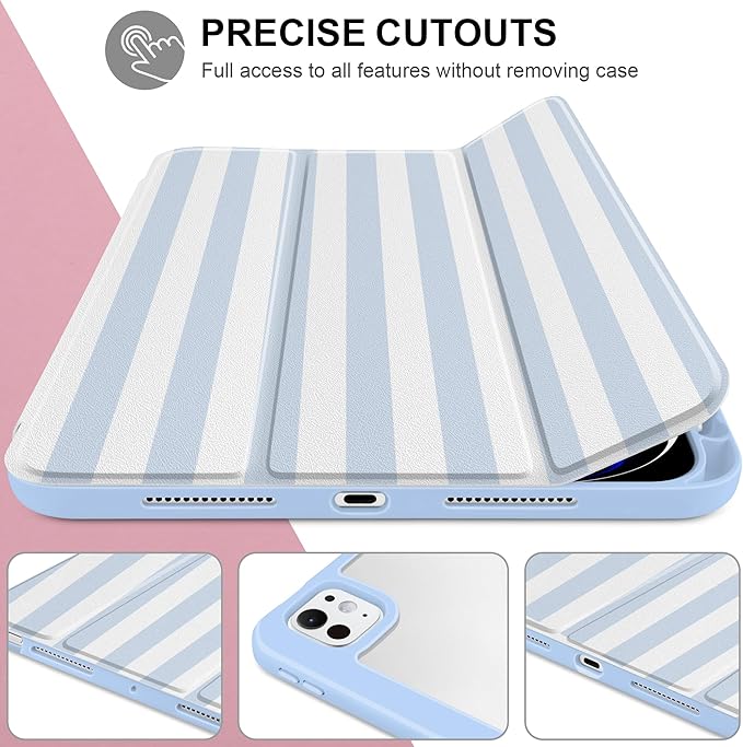 Case for iPad Pro 11 inch (M5) 2025 (M4) 2024 Release Aesthetic Blue White Striped Cover with Clear Back TPU Edge Pencil Holder Trifold Stand, Cute Preppy Coastal Design for Girls