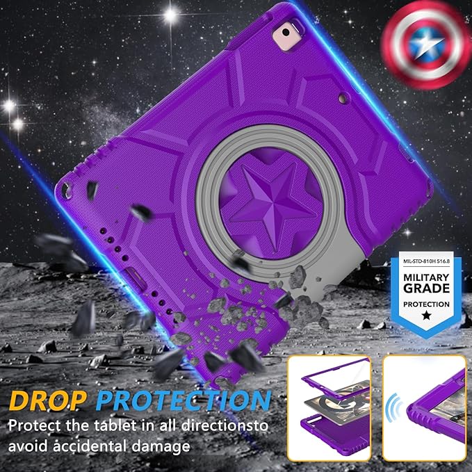 Kids Case for iPad 5th/6th Generation 9.7-inch 2017/2018 Release, Lainergie iPad Air 2 Case with Screen Protector, iPad Pro 9.7 Protective Cover Case Lightweight Shockproof with Handle Stand, Purple