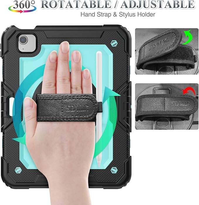 SEYMAC stock Case for iPad Air 5th/4th Generation/Pro 11 (4th/3rd/2nd) with Screen Protector Pen Holder, 360° Rotate Hand Strap/Stand Case for iPad Air 5th/4th Gen 10.9''/ Pro 11'' (Brightblue+Black)