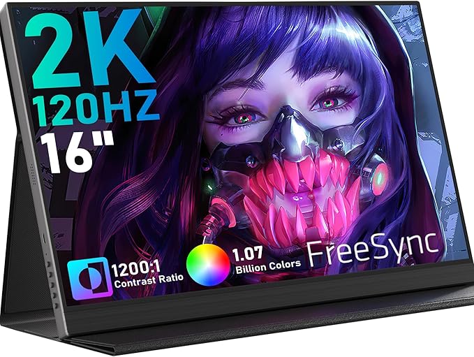 HONGO 2K 120Hz Portable Gaming Monitor, 16" 2560x1600 QHD 16:10 Portable Monitor for Laptop with VESA & Cover, HDR External Second Screen for PC Phone Switch