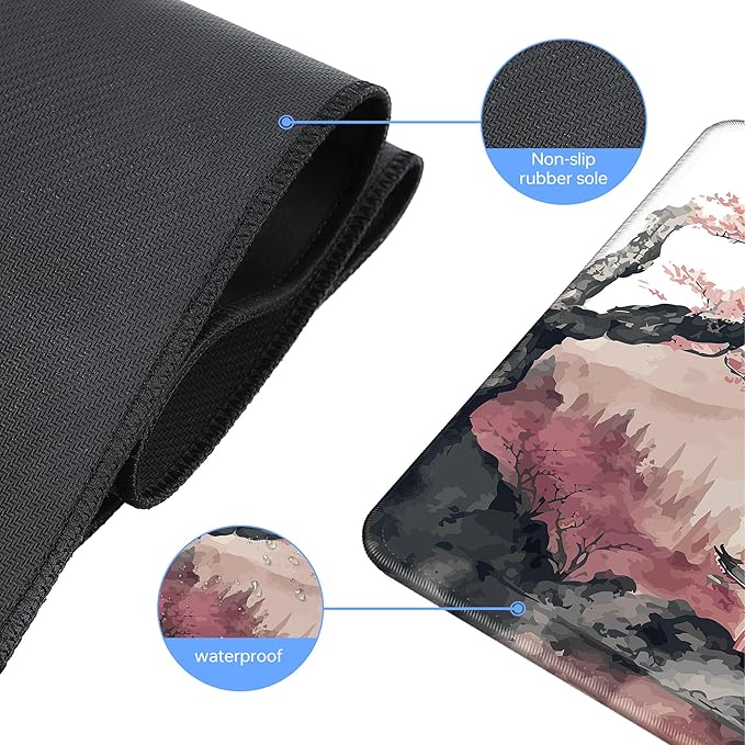 Japanese Cherry Blossom Large Gaming Mouse Pad,Mouse Pad Gaming for Desk 31.5 x 11.8 in Mouse Mat Desk Pad,Extended Keyboard Mousepad Desk Mat with Non-Slip Base and Stitched Edge for Gaming Office