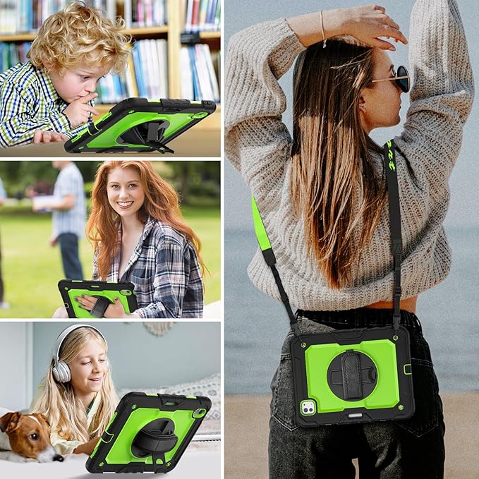 HXCASEAC Rugged Case for iPad Air 11 inch M4 M3 M2 (2026 2025 2024), Heavy Duty Protective Design with Pencil Holder, Screen Protector, Rotating Stand, Hand Strap, for iPad Air 11 Hard Case (Green)