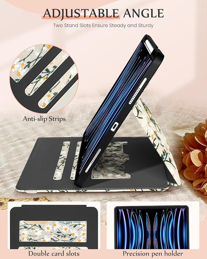 Uppuppy for iPad Air 13 Inch Case M3 2025/M2 2024, for iPad Pro 12.9 Case 6th/5th/4th/3rd Gen - Women Girls Cute Embroidered Folio Stand Cover with Pencil Holder & Card Slot Girly White Daisy Flowers