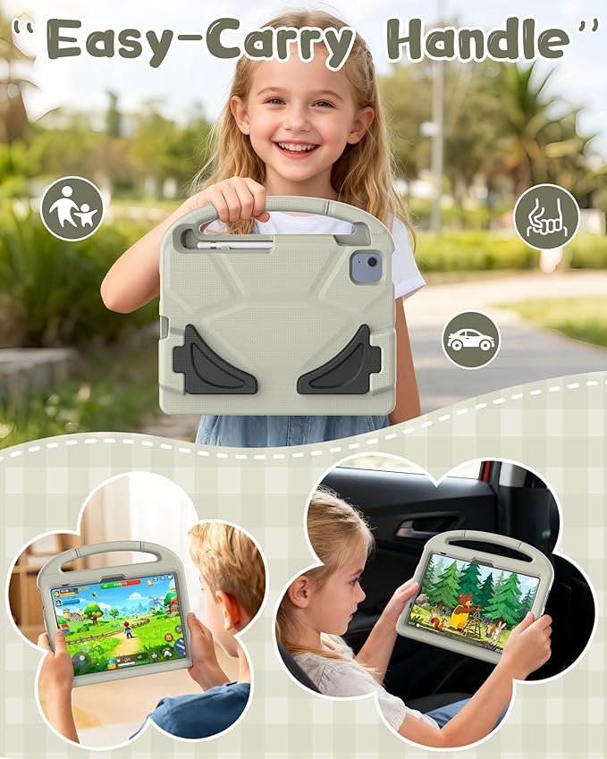 Kids Case for iPad A16 11th Gen 11-Inch 2025 & iPad 10th Generation (10.9" 2022), Durable Shockproof Fully-Body Cover with Screen Protector/Pencil Holder/Stand/Handle for Kids, Light Gray