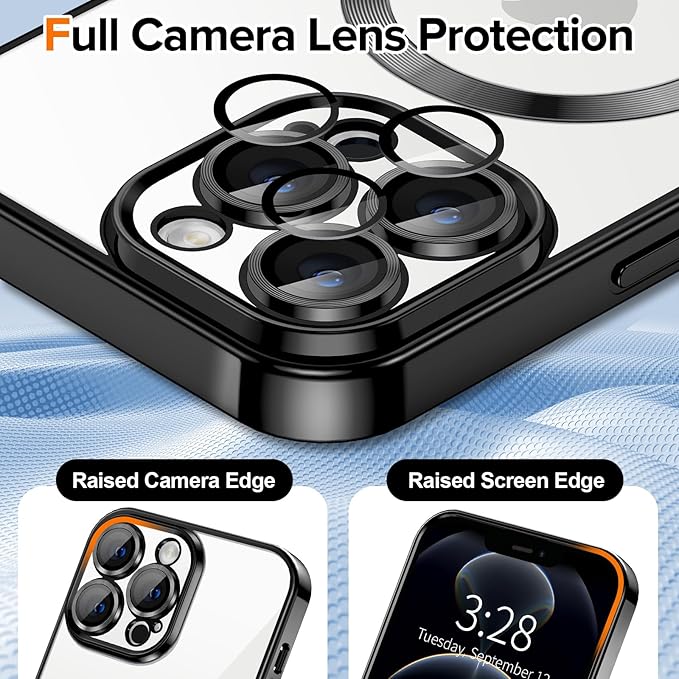 Hython Magnetic Clear for iPhone 12 Pro Max Case with Camera Lens Protector [Compatible with MagSafe] Plating Edge Slim Soft TPU Cover Protective Phone Case for iPhone 12 Pro Max 6.7", Black