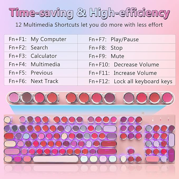 HUO JI Mechanical Gaming Keyboard Typewriter Style with RGB Side Lit and Purple LED Backlit, Retro Style, Blue Switches - Clicky, Metal Panel, Lipstick 104 Keys USB Wired for Mac, PC, Cute Pink