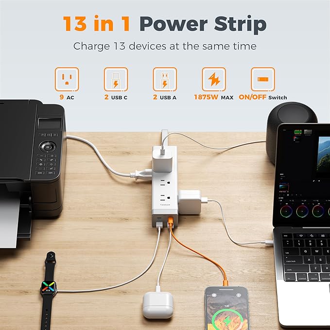 TESSAN Surge Protector Power Strip PD 20W, Ultra Thin Flat Plug 6 FT Extension Cord, 9 Outlets 4 USB(2 USB C), 1050J, 1875W 15A, Multiple Outlets Charging Station for Home, Office, College Dorm Room