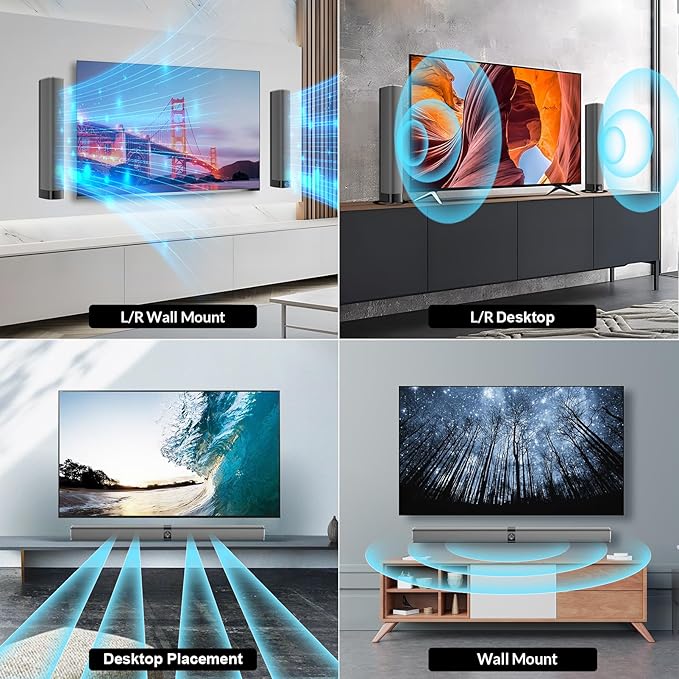 Sound Bar for Smart TV, 80W Soundbar with Bluetooth/ARC/Opt/AUX Connect, Auto Volume Boost, 3 Equalizer Modes, 2 in 1 Detachable Soundbar for TV/PC/Gaming/Projectors