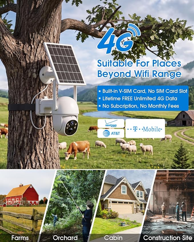 SANSCO 4G LTE Cellular Solar Security Camera, Lifetime Free Unlimited Data, No Monthly Fee, No WiFi Wireless Outdoor Cam, 2K Color Night Vision, 360° PTZ, 2-Way Audio, Built-in SIM, 64G TF Card, TUYA