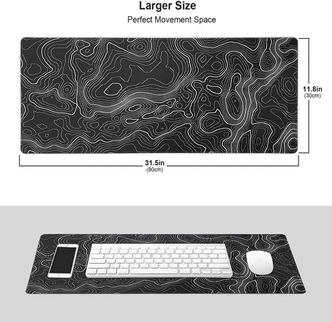 AQQA Topographic Gaming Mouse Pad XL - (31.5 x 11.8 in) Large Black and White Desk Mat, Extended Contour Line Mousepad with Non-Slip Rubber Base, Waterproof Stitched Edges for Office & Home
