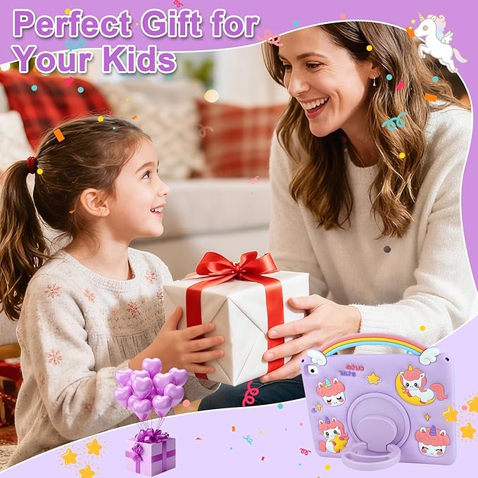 HianDier for iPad 9th 8th 7th Generation Case Kids Girls Cute Unicorn with Rainbow Handle Detachable Lanyard Rotatable Kickstand Shockproof Protective Cover for iPad 10.2 Case 2021 2020 2019-Purple